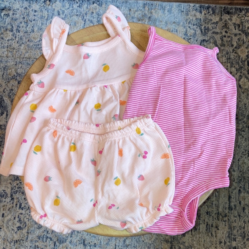 #84. Carter’s - Baby Pink Fruit Print Dress Top & Striped Bodysuit Bloomer Set